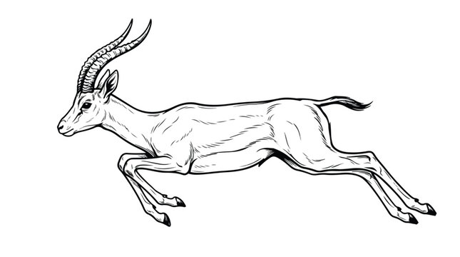 Vintage gazelle jumping illustration, hand drawn antelope sketch vector, black and white wildlife animal engraving for nature branding