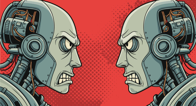 Close up profile illustration of two metallic robots facing each other with angry expressions against a red halftone background.