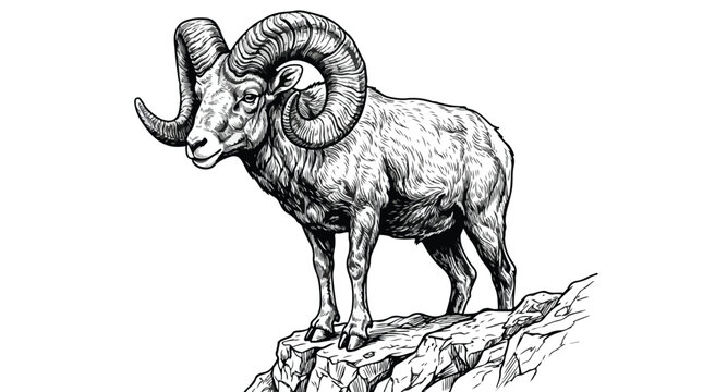 Vintage ram illustration with large curved horns, bighorn sheep standing on a rocky cliff, hand drawn black and white animal vector for outdoor logos