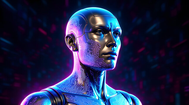 Cyborg robot artificial intelligence android circuit neon blue futuristic humanoid with glowing face in dark digital space