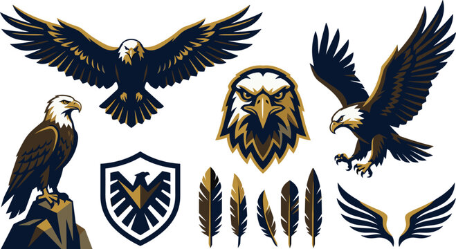 Eagle mascot logo set featuring flying eagle head profile badge emblem feathers and wings vector graphic design collection