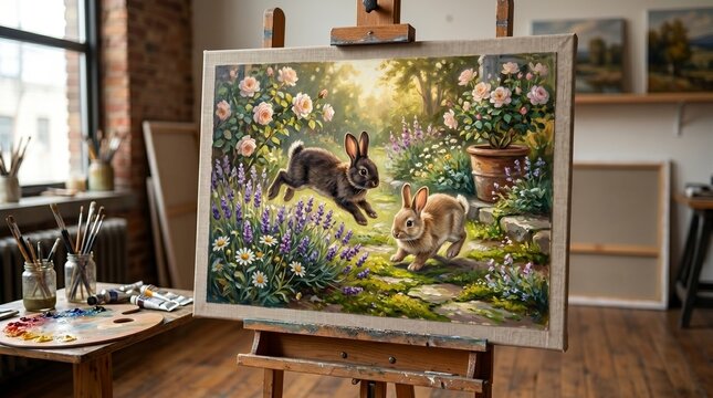 Two small rabits oil painting on canvas 