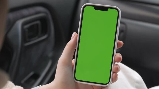 Hand holds phone with green screen inside car. Person appears calm, focused on device. Ideal for app demos, digital marketing, or travel-related content. Suitable for mobile usage, tech