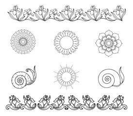 Vintage floral line art collection, hand drawn botanical borders and mandala ornaments, black and white snail and sun vector illustrations © InfinoArt