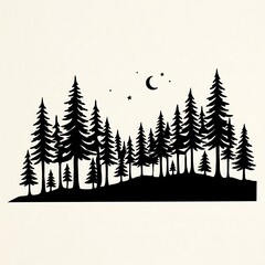 Obraz premium Black silhouette of a pine forest at night with a crescent moon and small stars, isolated on a textured off-white background