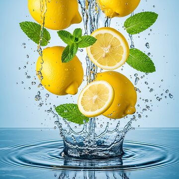 Lemons and mint leaves splashing in water