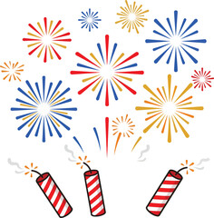 Fototapeta premium Colorful firework explosions and lit firecrackers on a white background silhouette