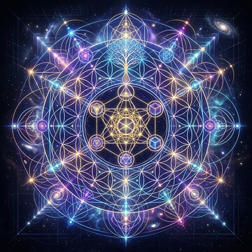 Cosmic sacred geometry featuring the flower of life, tree of life, and platonic solids glowing with vibrant light in deep space