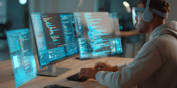 A person wearing a futuristic visor and headphones is focused on coding at a desk, interacting with multiple glowing holographic computer screens displaying complex lines of code, creating a modern...
