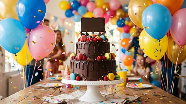 Chocolate drip cake decorated with macarons and berries at a birthday party