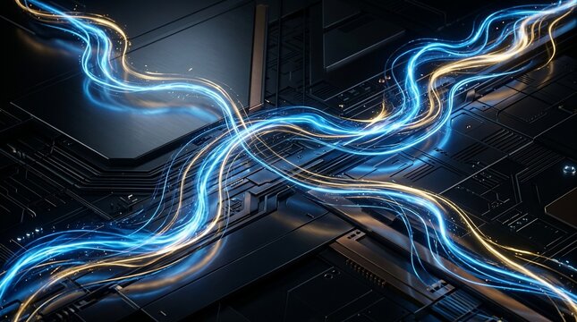 Flowing electric energy streams through futuristic circuitry abstract background
