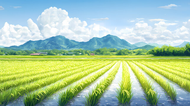 Lush Green Rice Paddy Field Under a Sunny Sky