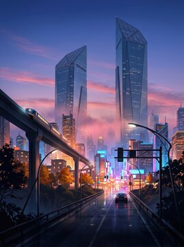 Futuristic city skyline with monorail and highway, modern metropolis at sunset, sci-fi urban landscape with skyscrapers