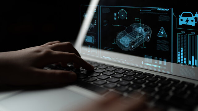 Technical layout of electric vehicle showing battery system, power control, traction motor, charging interface, and integration with renewable and smart energy sources Latch
