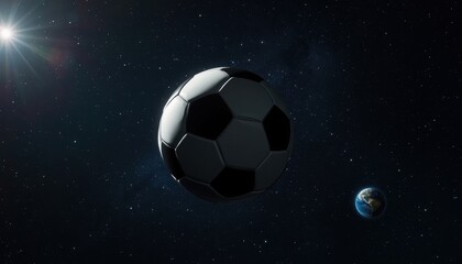 Naklejka premium Soccer ball floating in space with planet earth in the background universe football international astronomy abstract competition tournament perspective creative conceptual infinite