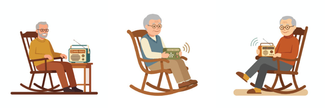 A simple flat design of an elderly man sitting in a rocking chair, listening to a classic retro transistor radio. Minimalist, no outlines, warm nostalgic colors, white background.
