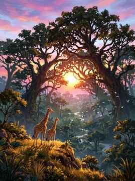 Majestic African savanna sunset illustration, giraffes standing under ancient acacia trees, vibrant safari landscape art with golden hour lighting