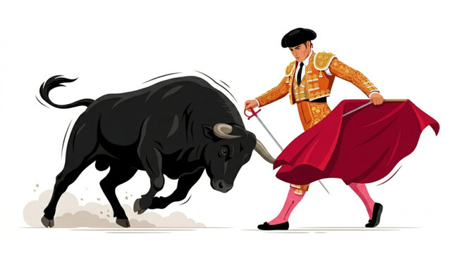 Traditional Spanish Bullfight Illustration with Matador and Charging Black Bull