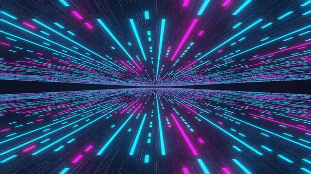 Cyberpunk neon matrix code lines flying through digital horizon loop