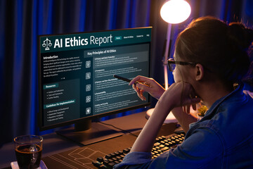 AI ethics responsibility standard law and rules on computer screen provide report of AI ethic...