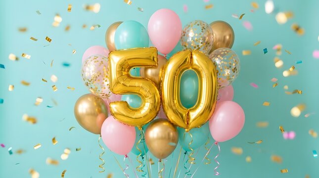 Golden 50th birthday balloons with colorful confetti on a light blue background