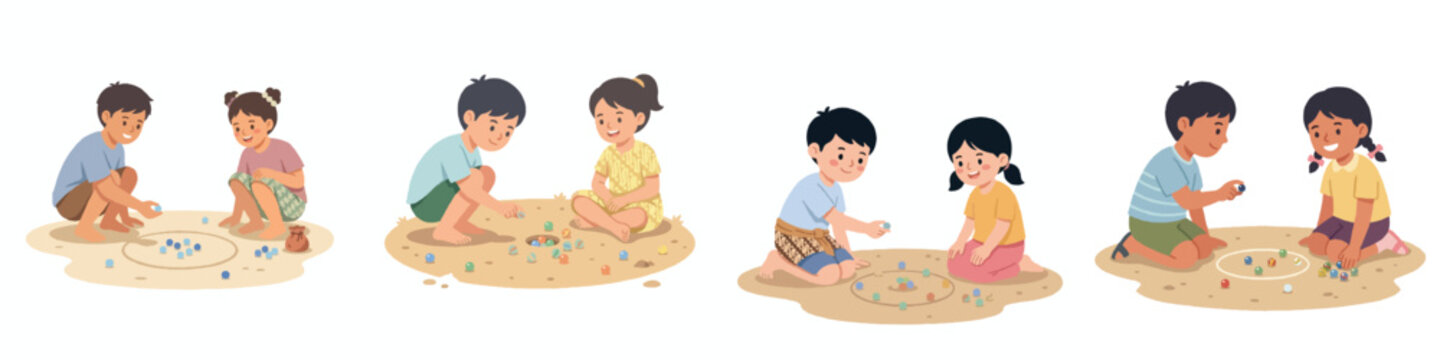 A simple minimalist flat design illustration of two kids playing marbles on the ground. No outlines, clean solid shapes, pastel colors, soft shadows, isolated on a pure white background