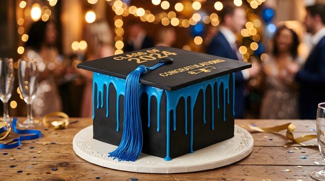 Graduation cake shaped like a mortarboard with blue drip icing and tassel on a wooden table at a party