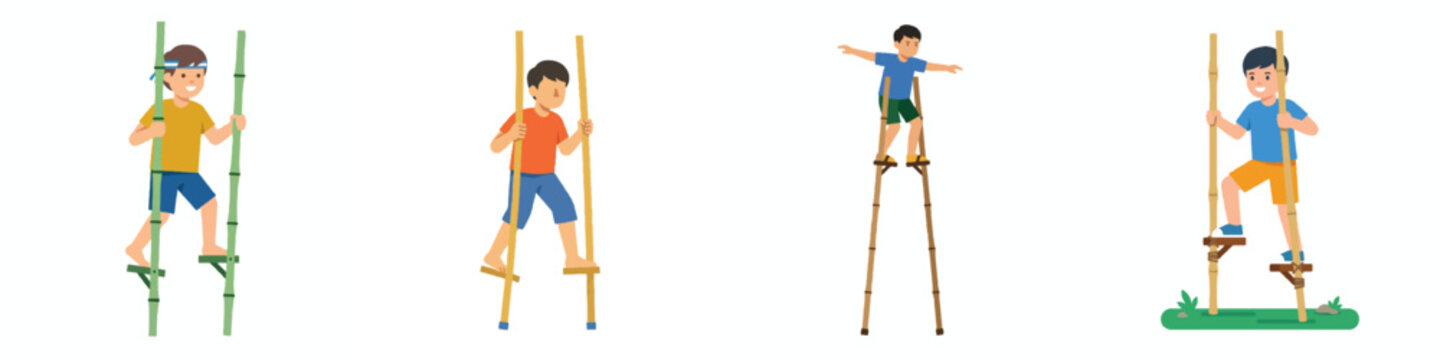 A flat design illustration of a boy balancing on tall bamboo stilts (egrang). Minimalist style, solid colors, no outlines, simple forms, crisp and clean, isolated on a solid white background.