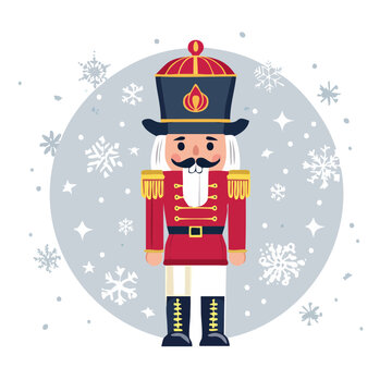 Flat illustration of a nutcracker soldier with snowflakes