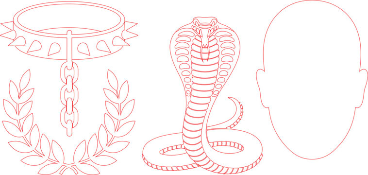 Outlines of a spiked collar, a striking cobra, and a bald head silhouette