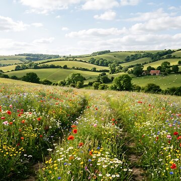 Scenic view of rolling green hills and a lush meadow filled with colorful wildflowers under a bright blue sky with fluffy white clouds