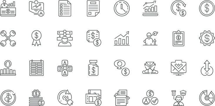 Financial and business vector icon set featuring money graphs analysis documents and time management line symbols for web UI