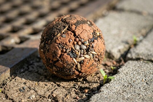 Eco friendly guerrilla gardening seed ball sitting on cracked city sidewalk
