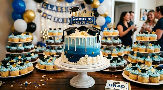 Graduation party table featuring a blue ombre cake with graduation cap toppers and numerous cupcakes