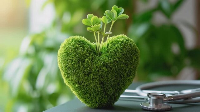 Green moss heart shaped plant pot with small sprout growing symbolizing health care nature and environmental growth concept with stethoscope on wooden table