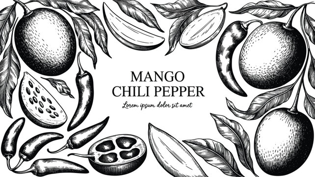 Hand drawn sketch frame layout featuring tropical mango fruits and spicy chili peppers with detailed vintage engraving lines