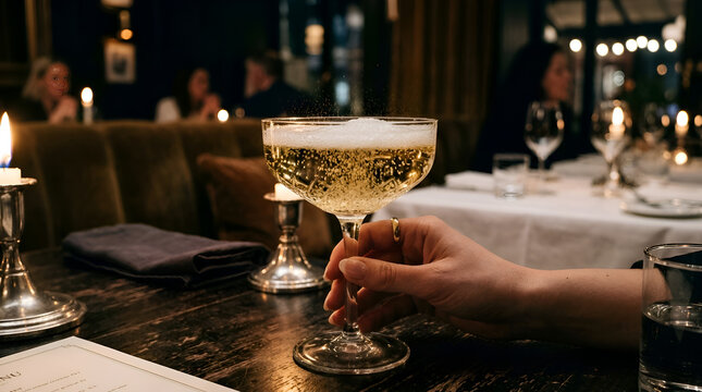 Close up of an elegance crystal champagne coupe glass filled with sparkling wine, close-up with dramatic lighting against a deep green background