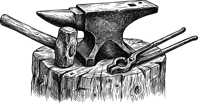 Vintage blacksmith anvil with hammer and tongs engraving vector illustrationVintage blacksmith anvil with hammer and tongs engraving vector illustration