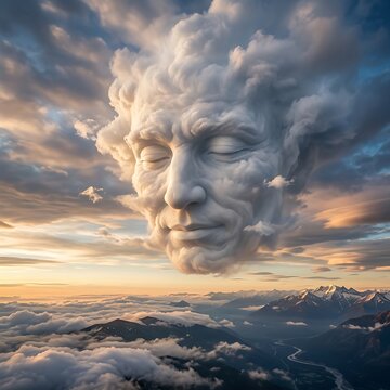 Surreal of a giant human face formed by clouds floating above a mountain range at sunset with soft orange and blue sky and snowy peaks