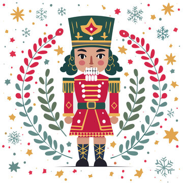 Flat illustration of a nutcracker soldier with holiday decorations