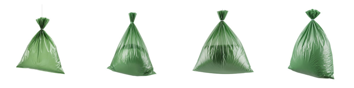 Four green plastic garbage bags filled with waste isolated on black