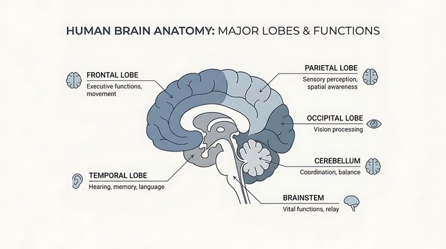 Human brain anatomy diagram with labeled lobes and functions