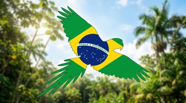 Brazilian flag eagle soaring national symbolism with tropical rainforest backdrop