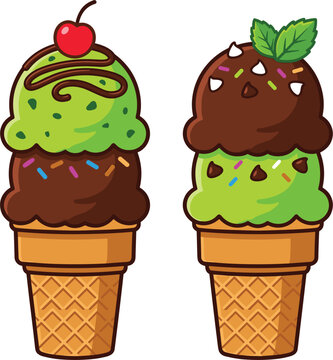 Two delicious double scoop ice cream cones with mint chocolate and cherry toppings vector illustration cartoon icon