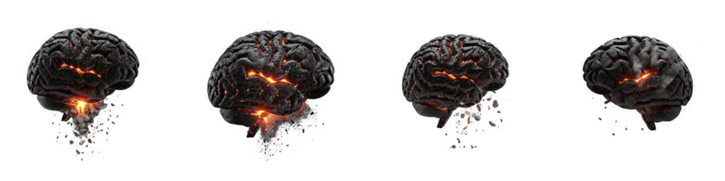 Four human brains made of glowing lava and burning stone on black background