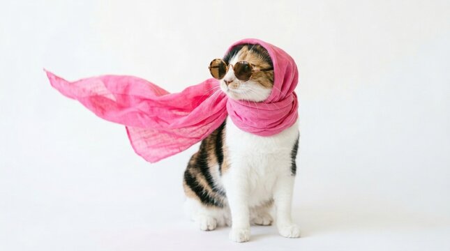 Stylish cat wearing headscarf and sunglasses studio portrait on white background