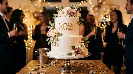 Fototapeta premium Sophisticated new years eve party with floral cake and champagne