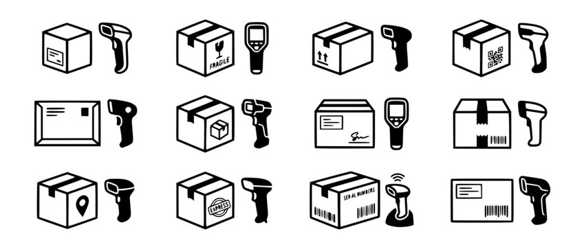 Delivery Boxes and Barcode Scanners Icons Set