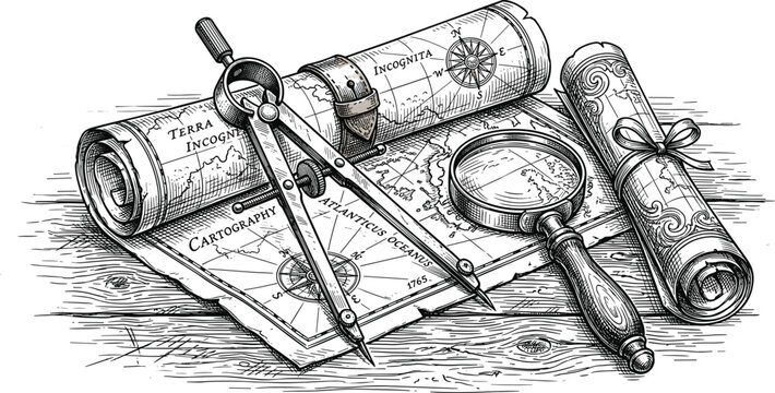 Vintage cartography set with old map divider and magnifier illustrationVintage cartography set with old map divider and magnifier illustration