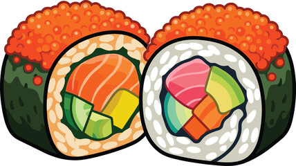 Japanese Sushi Roll Collection with Salmon, Tuna, Avocado, Cucumber, and Fish Roe for Asian Cuisine, Restaurant Menu, and Food Design Projects © EdGe Creative
